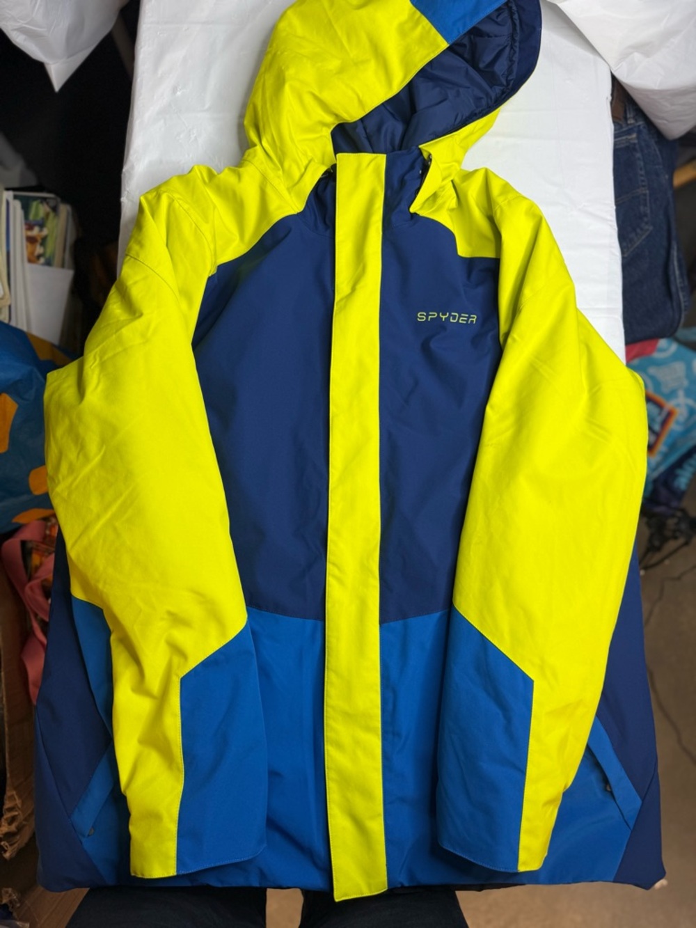 Spyder Ski Jacket Mens XXL Blue Yellow Hooded Waterproof Snow Coat